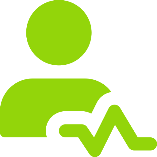 green person silhouette with heart monitor line below icon