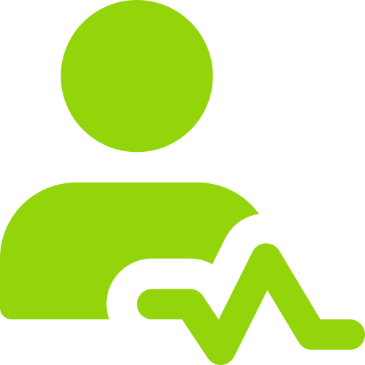 patient green person silhouette with heart monitor line below icon